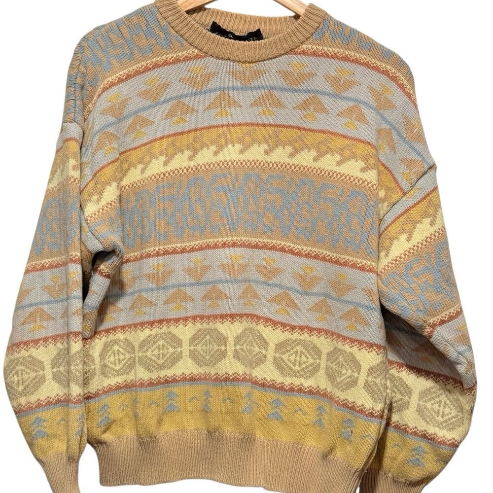 VINTAGE Womens Sz Large Pastel Abstract Knit Crewneck Grandma Sweater Slouchy - Picture 2 of 9